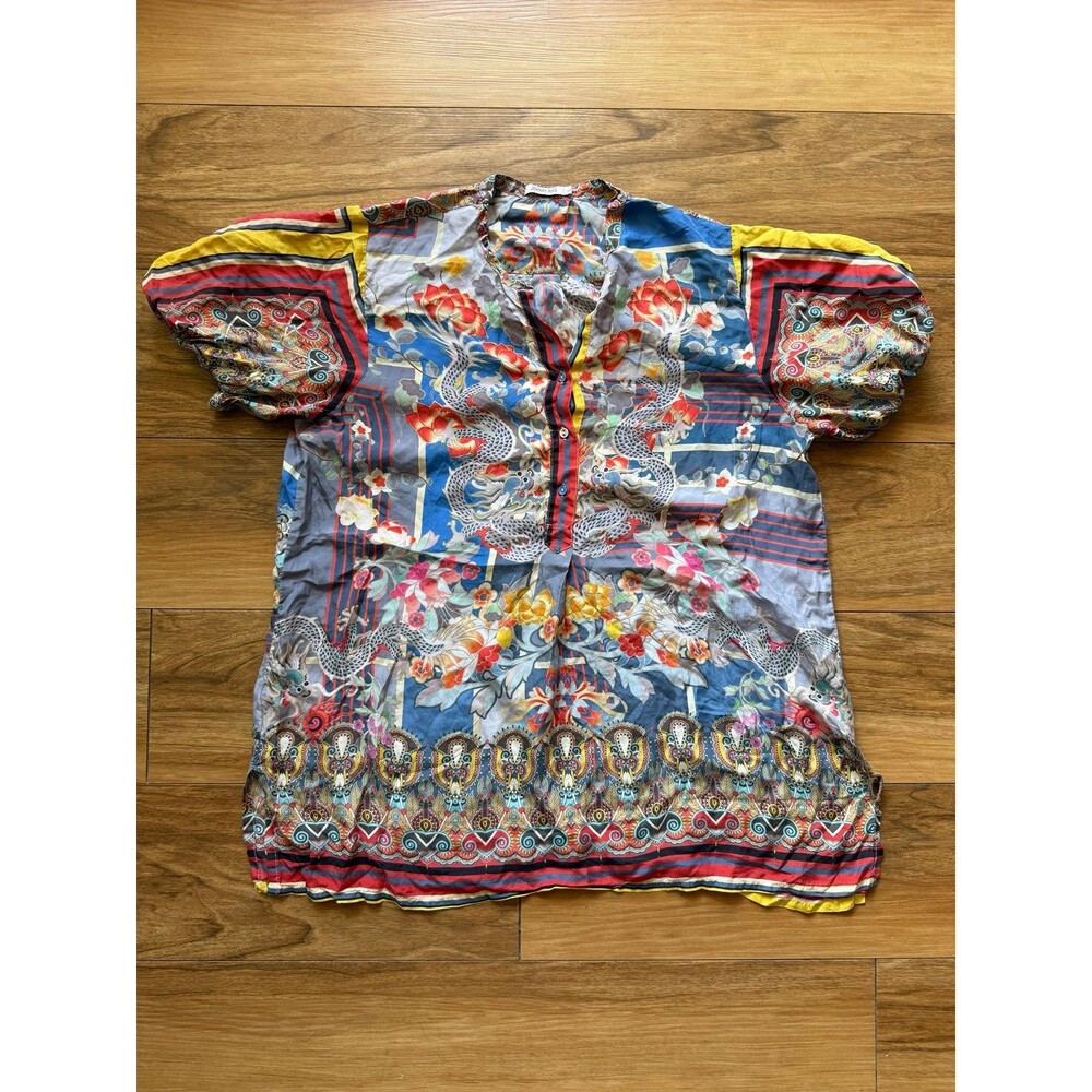 Johnny Was 100% Silk Dragon Floral Tunic Blouse Size Large Multicolor AS IS Rip